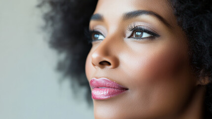 Beauty cosmetics magazine photo of a middle-aged African American woman with beautifully smooth skin and subtle pink lips, portrayed in a stylish atmosphere.