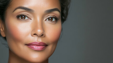 Fototapeta premium Beauty cosmetics magazine photo of a middle-aged Brazilian woman with glowing skin and soft pink lips, emanating beauty and sophistication.
