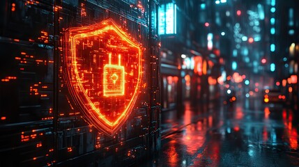 Fototapeta premium shield with critical infrastructure protection text in futuristic city symbolizing cybersecurity ,urban safety