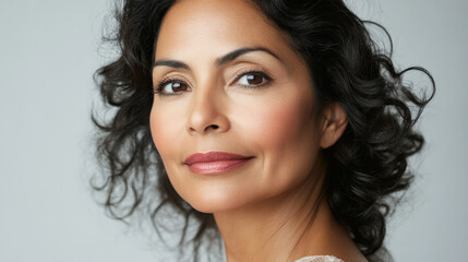 Naklejka premium Beauty cosmetics magazine photo of a middle-aged Hispanic woman with glowing skin and natural pink lips, exuding classic beauty.