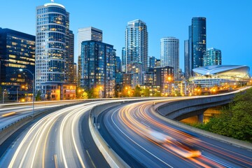 Fototapeta premium The evening commute in and out of Seattle is illuminated by light trails
