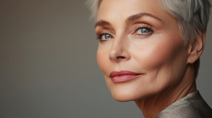 Naklejka premium Beauty cosmetics magazine photo of a senior Caucasian woman with flawless skin and subtle pink lips, embracing beauty at every age.