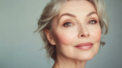 Fototapeta premium Beauty cosmetics magazine photo of a senior Caucasian woman with flawless skin and subtle pink lips, embracing beauty at every age.