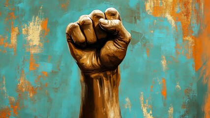 A raised fist in the air, a symbol of strength and resistance, against a textured teal and orange background