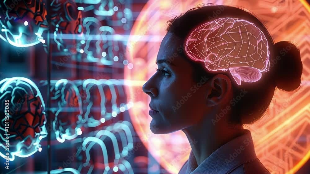 Poster scientist analyzes a 3d brain model in a futuristic lab with digital displays showing brain activity