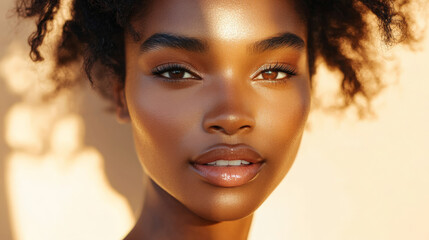 Naklejka premium Beauty cosmetics magazine photo of a young adult Black woman with radiant skin and natural pink lips, captured in a warm, inviting light.