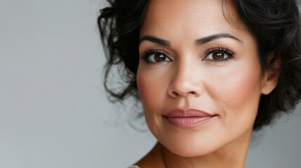 Fototapeta premium Beauty cosmetics magazine photo showcasing a middle-aged Hispanic woman with flawless skin and subtle pink lips, exuding confidence and grace.