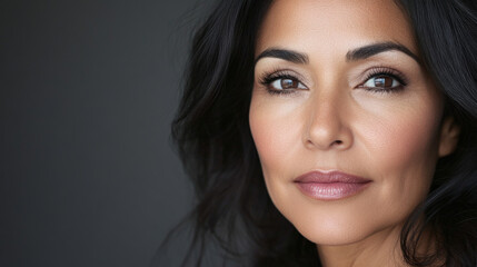 Obraz premium Beauty cosmetics magazine photo showcasing a middle-aged Hispanic woman with flawless skin and subtle pink lips, exuding confidence and grace.