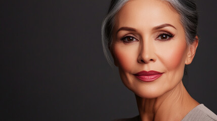 Fototapeta premium Beauty cosmetics magazine photo showcasing a senior Brazilian woman with clear skin and soft pink lips, highlighting her natural beauty and elegance.