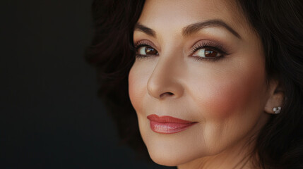 Fototapeta premium Beauty cosmetics magazine photo showcasing a senior Hispanic woman with flawless skin and natural pink lips, emphasizing elegance and grace.