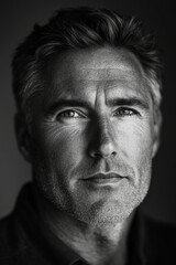Obraz premium Black and white portrait of a middle-aged Caucasian man with neat hair, clear skin, and deep, thoughtful eyes, in natural daylight.