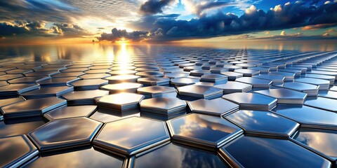 Obraz premium A metallic honeycomb surface reflects the vibrant hues of a sunset sky, creating a captivating visual juxtaposition of nature and technology.