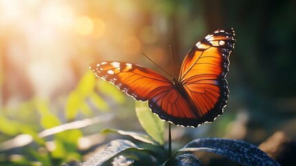 Stunning orange butterfly perched in a vibrant sunlit garden