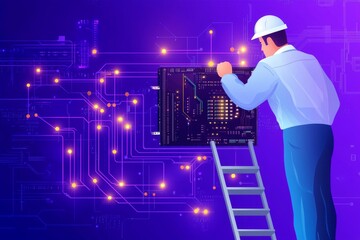 Naklejka premium In a telephone exchange, cables are laid by a worker standing on the stairs that commutes telephone wires. The engineers work in the server rooms of the data centers.