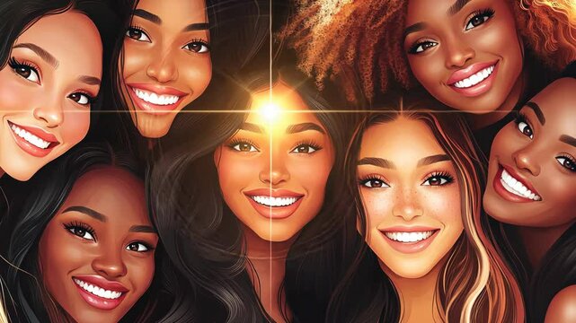 A group of six smiling women with glowing skin pose for a selfie
