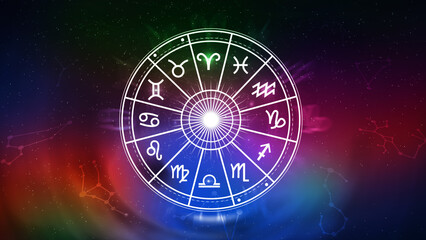 Concept of astrology and horoscope, person inside a zodiac sign wheel, Astrological zodiac signs inside of horoscope circle, Astrology, knowledge of stars in the sky, power of universe concept.
