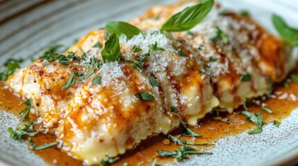 A beautifully plated dish of chicken ravioli drizzled with sage brown butter sauce, garnished with fresh herbs and Parmesan cheese