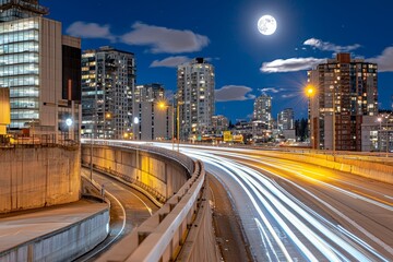 Obraz premium Car Streaks on the freeway and Seattle Skyline Building Lights Under the Moon