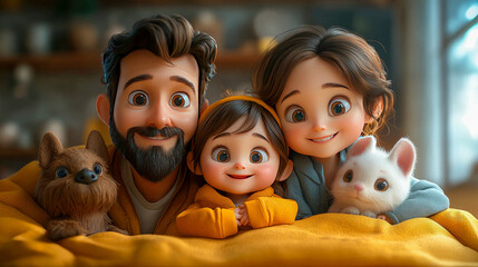 A heartwarming animated family with two kids and pets, snuggled together in a cozy room