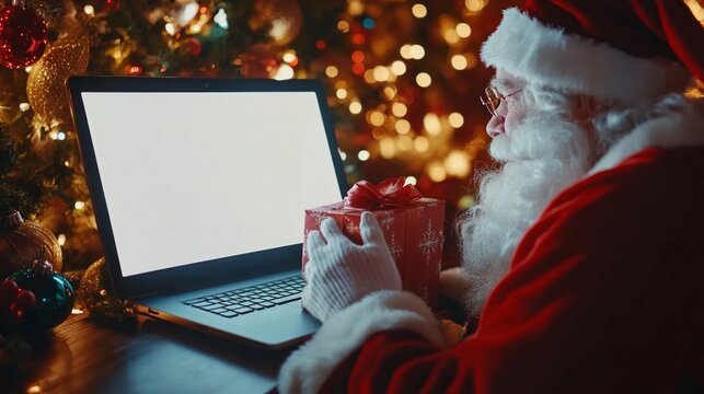 Santa Claus embraces modern technology, using a laptop with a blank screen while holding a festive gift, surrounded by twinkling Christmas lights and decorations.