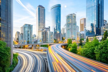 Obraz premium A cityscape of car streaks and Seattle skyline building lights under the moonlight