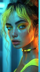 A close-up of a punk character's face, adorned with piercings and bold makeup, while the lamprey tail in the background curls in vibrant neon colors 