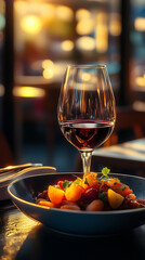 Naklejka premium Modern Restaurant Serving of Ceviche with Red Wine