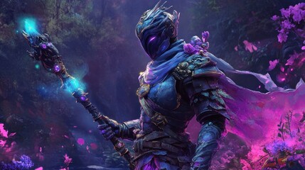 Fototapeta premium A digital art illustration of a fantasy character, with detailed armor and a magical weapon, set in an epic environment