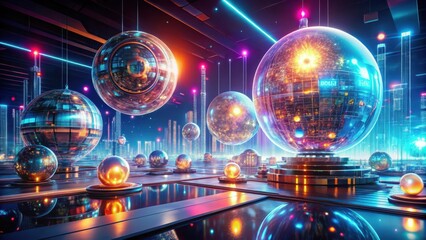 A futuristic cityscape with neon lights and suspended spheres, reflecting the city lights and creating an otherworldly ambiance.