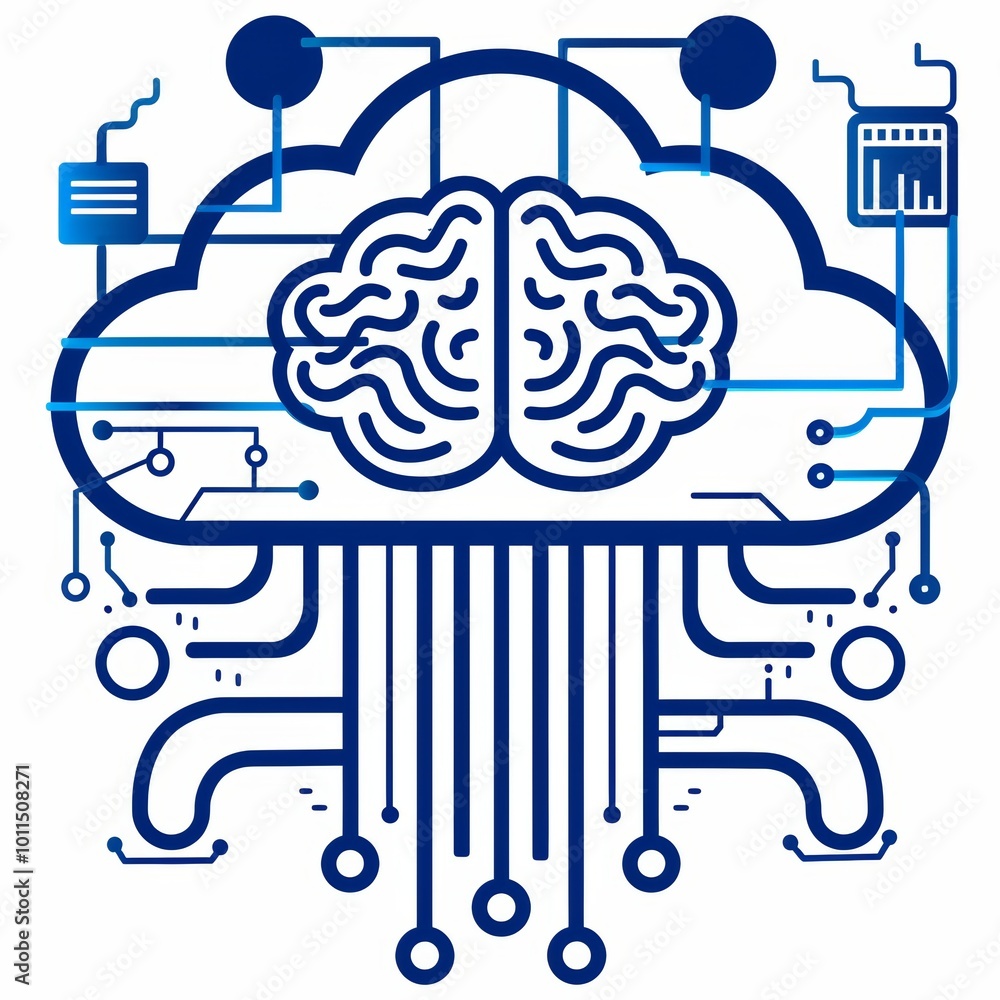 Poster artificial intelligence brain, cloud computing with integrated circuitry, and data connections icon.