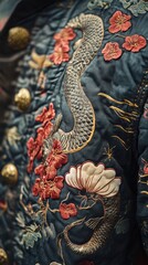 A detailed shot of a punk character jacket, adorned with Asian-inspired designs, with the lamprey tail slithering out from under the jacket
