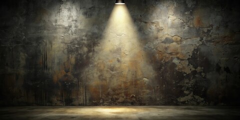 A single spotlight illuminates a weathered concrete wall with a dark, rustic texture and subtle cracks, creating a dramatic and mysterious ambiance