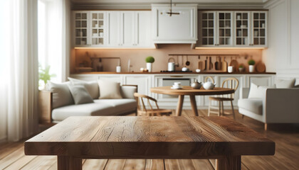 Fototapeta premium Empty wooden table top with blurred kitchen background for product placement. Product background. Ai mock up. Cooking concept.