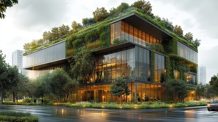Obraz premium sustainable office building sketch showcasing green roofs energy efficient windows ,green facade generative ai