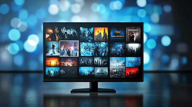 A television screen displays a grid of different video thumbnails, against a blurred background of blue lights