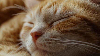 A close-up of a rotund cat's face as it sleeps peacefully, its whiskers twitching slightly, capturing the tranquility of a catnap.
