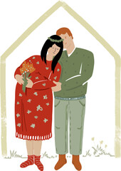 Vector illustration  of  family, a pregnant woman with flowers with her loving husband under an arch (house)