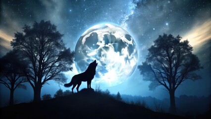 A lone wolf howls at the full moon, its silhouette framed by the branches of a towering tree, bathed in the soft light of a starry night sky.