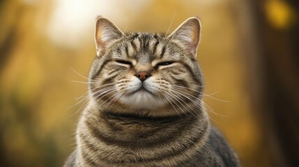 Naklejka premium A close-up of an adorably fat cat with a mischievous expression, its round cheeks and small nose adding to its playful and charming appearance.