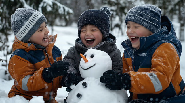 Three children working together to build a snowman in a snowy neighborhood