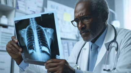 Senior Black doctor thoroughly examining an X-ray on a lightbox with a serious expression, medical charts filling the background.