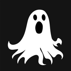Cute white ghost with black eyes isolated on black background. Halloween vector concept. Spooky vector.