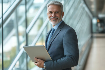 Fototapeta premium Senior Caucasian sales agent in formal attire, holding a laptop with a slight smile, modern technological background.