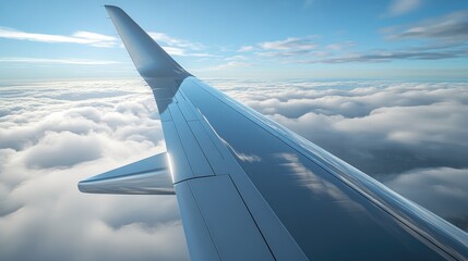 Fototapeta premium A close-up of an airplane's wing with the sky and clouds in the background, capturing the sleek design and aerodynamics essential for flight.