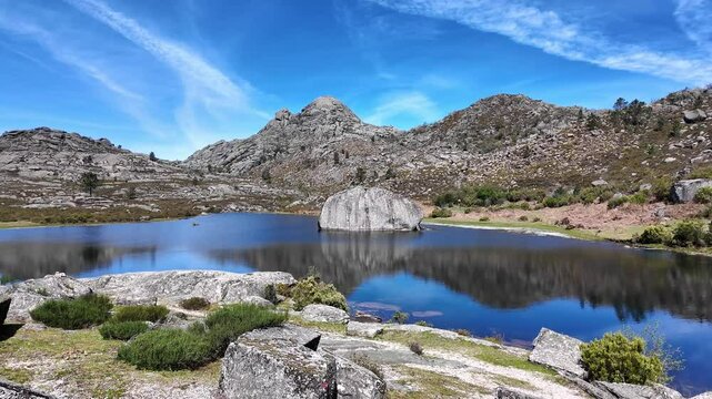 Beautiful lake at top of Penameda hill in national park Peneda Geres in Portugal. Pantano da Peneda
