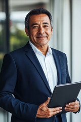 Fototapeta premium Senior Hispanic sales agent in formal attire, holding a laptop with a slight smile, modern technological background.