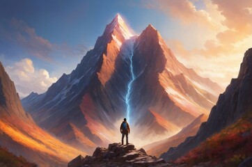 Lone hiker gazing at majestic mountain peak representing overcoming challenges