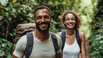 Obraz premium A happy couple hiking together through a scenic forest