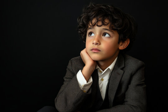 Thoughtful school-age Arabian boy, dressed in semi-formal clothing, sitting with a doubtful expression on a black studio background.