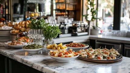 A cozy Italian bistro with cicchetti displayed on a marble counter, inviting customers to choose their favorite bites